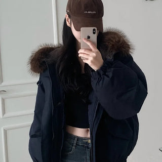 Fur-hooded duffel button-down coat