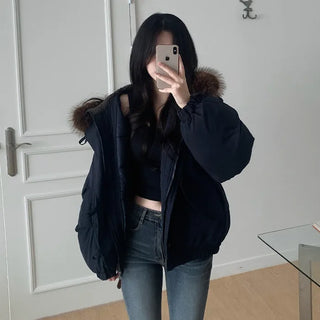 Fur-hooded duffel button-down coat