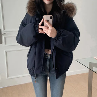 Fur-hooded duffel button-down coat