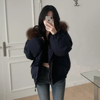 Fur-hooded duffel button-down coat