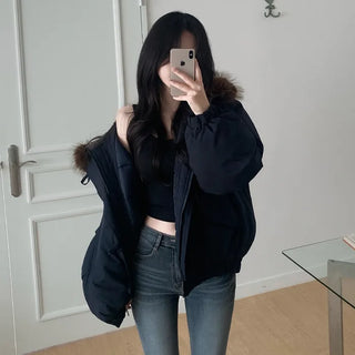 Fur-hooded duffel button-down coat