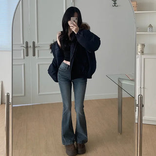 Fur-hooded duffel button-down coat
