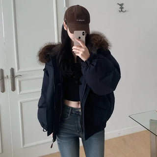 Fur-hooded duffel button-down coat