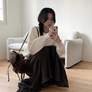 Corduroy maxi-length ruffled elastic waist long skirt