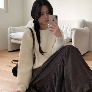Corduroy maxi-length ruffled elastic waist long skirt