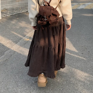 Corduroy maxi-length ruffled elastic waist long skirt