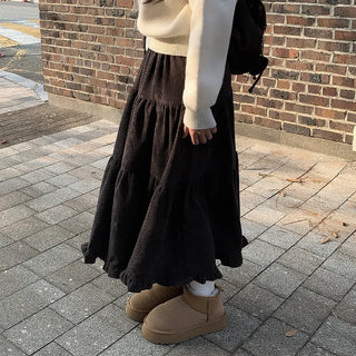 Corduroy maxi-length ruffled elastic waist long skirt