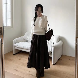 Corduroy maxi-length ruffled elastic waist long skirt