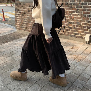 Corduroy maxi-length ruffled elastic waist long skirt