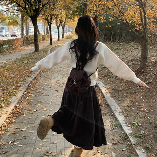 Corduroy maxi-length ruffled elastic waist long skirt