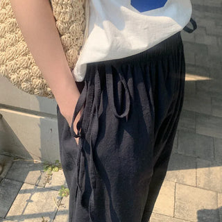 Linen ribbon elastic waist pants