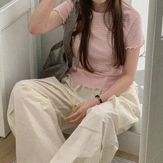 Cotton striped short-sleeved T-shirt