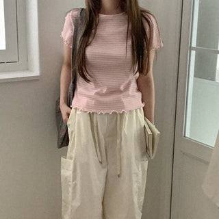 Cotton striped short-sleeved T-shirt