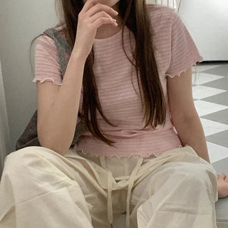 Cotton striped short-sleeved T-shirt