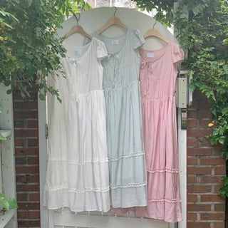 Ribbon Shirring Puff Summer Short Sleeve Long Dress
