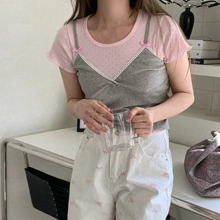 Ribbon strap eyelet punched sleeveless top