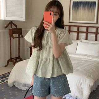 Cotton Shirred Flower Blouse