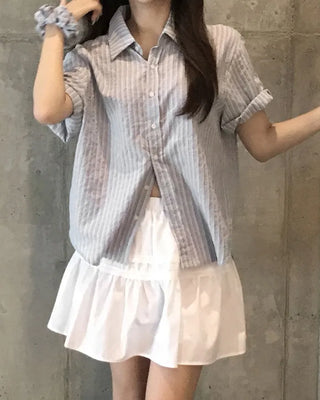 [Scrunchie Set] Striped Short-Sleeved Shirt Blouse