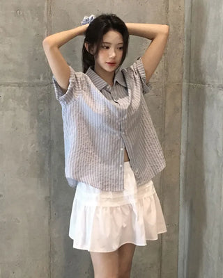 [Scrunchie Set] Striped Short-Sleeved Shirt Blouse