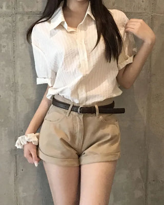 [Scrunchie Set] Striped Short-Sleeved Shirt Blouse