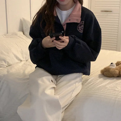Fleece-lined high-neck button-up sweatshirt