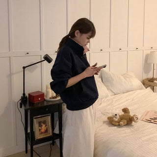 Fleece-lined high-neck button-up sweatshirt