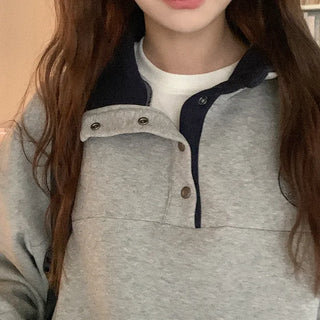 Fleece-lined high-neck button-up sweatshirt