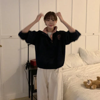 Fleece-lined high-neck button-up sweatshirt