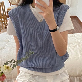 Autumn V-neck ribbed sleeveless gray loose-fit knit vest