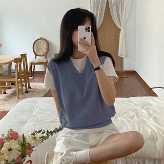Autumn V-neck ribbed sleeveless gray loose-fit knit vest