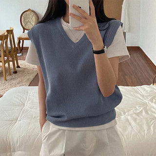 Autumn V-neck ribbed sleeveless gray loose-fit knit vest