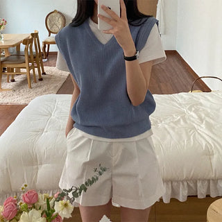 Autumn V-neck ribbed sleeveless gray loose-fit knit vest