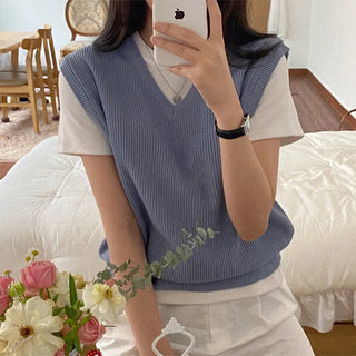 Autumn V-neck ribbed sleeveless gray loose-fit knit vest