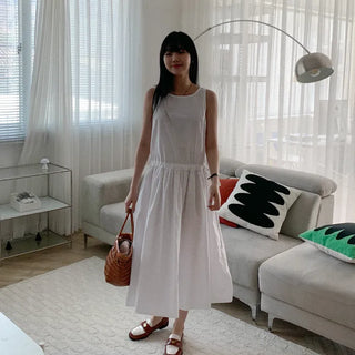 Elastic waist cotton midi dress