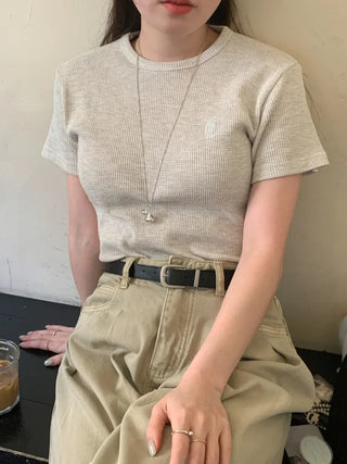 Plain waffle knit short-sleeved T-shirt (4c)