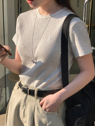 Plain waffle knit short-sleeved T-shirt (4c)