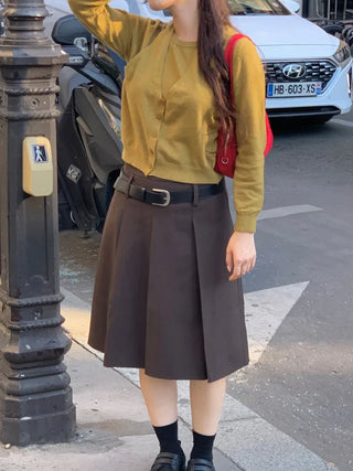[Belt Set] Mid-length pleated skirt