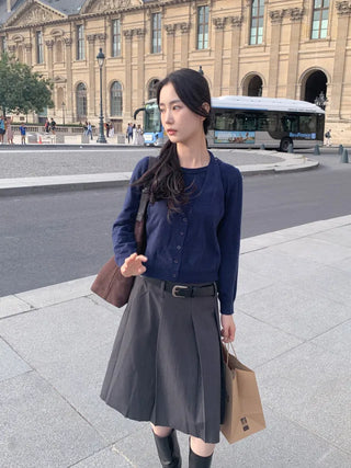 [Belt Set] Mid-length pleated skirt