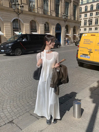 [TieSET] Dot Layered Long Camisole Dress