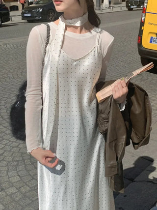[TieSET] Dot Layered Long Camisole Dress