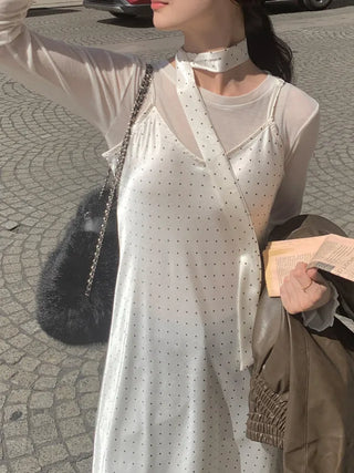 [TieSET] Dot Layered Long Camisole Dress