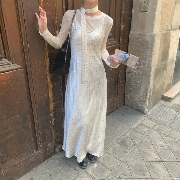 [TieSET] Dot Layered Long Camisole Dress
