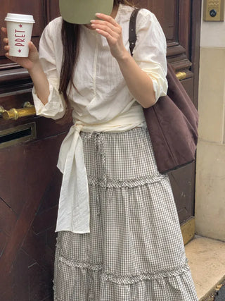 Ribbon long-sleeved blouse