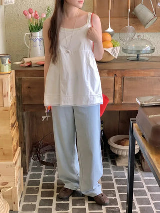 Light denim straight wide pants