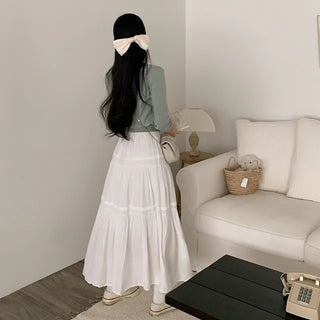 Pleated chiffon elastic waist long skirt