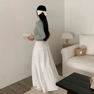 Pleated chiffon elastic waist long skirt