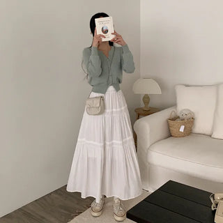 Pleated chiffon elastic waist long skirt