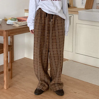 Fleece check elastic waist pants