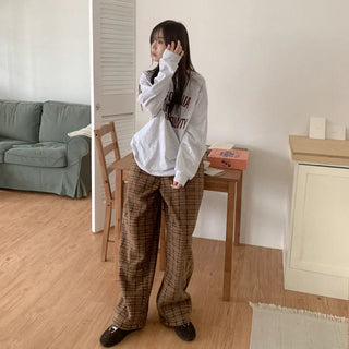 Fleece check elastic waist pants