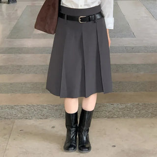 [Belt Set] Mid-length pleated skirt